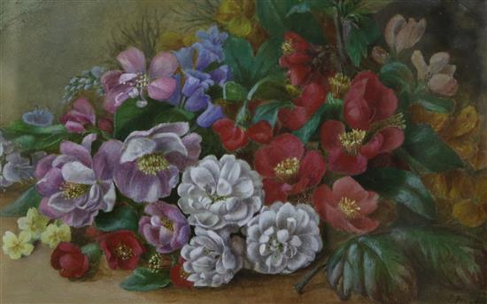 English School (late 19th century) watercolour, Still life of flowers 15x24cm